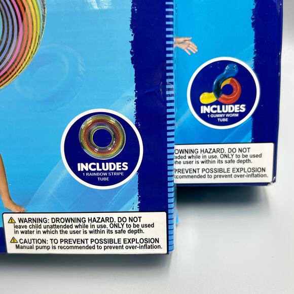 Lot of 2 Inflatable Swim TUBE Rings Gummy Worm & Rainbow Stripe Float NEW - Picture 9 of 10